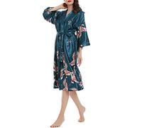 Odot Vestaglia Donna Seta, Kimono Sexy Gru Volante Stampa Pigiama Vestaglia in Raso Scollo v Camicia da Notte con Cintura Accappatoio, per Matrimonio e Viaggio di Nozze (M,Blu Pavone)