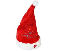 Odoukey Cappelli di Natale Cappello da Babbo Natale elettrico oscillante con musica con palla di peluche bianca, cappello divertente a batteria rosso che canta per adulti e bambini