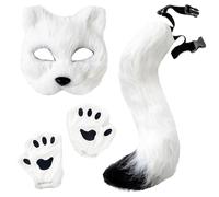 Odoukey Set da 3 pezzi di maschera e coda di Therian, il costume da volpe pelosa include morbidi guanti con zampe e coda per costume di Halloween, feste in maschera, cosplay
