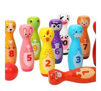 Odoukey Set da Bowling per Bambini Simpatico Legno Dipinto con 10 Birilli di Animali e 2 Palline Gioco di Birilli di interazione Genitore-Figlio per