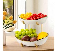 OdoVow Ciotola per frutta in ceramica a 2 livelli, cesto per frutta per bancone della cucina, scaffale per frutta a più livelli per piano di lavoro, moderno multi grande capacità, per feste, dessert