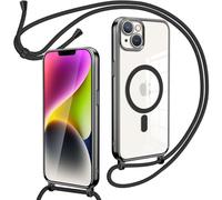 Oelrstfe Magnetische Handykette mit Band für iPhone 14 Plus Hülle - Necklace HandyHülle Transparente zum Umhängen mit justierbarer und Abnehmbarer Kette, Crossbody Magnet Clear Cover - Schwarz