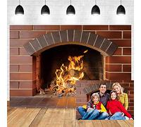 OERJU 7x5ft Red Brick Wall Fireplace Backdrop Burning Firewood Blazing Fire Winter Christmas Party Decoration Photography Background Kids Baby Adult Portrait Photo Booth Shoot Vinyl Studio Props