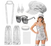Oerphh Abba - Kit per travestimento da discoteca anni '70, 7 pezzi, accessori da discoteca con cappello con paillettes, occhiali da sole e scaldamuscoli (argento)