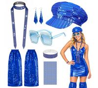Oerphh Accessori per costume da discoteca anni '70 da donna, kit da 6 pezzi, cappello con paillettes blu, occhiali da sole, braccialetto, scaldamuscoli, orecchini, girocollo, gemme per il viso, per