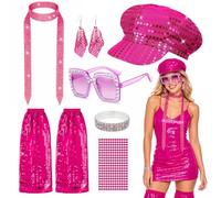 Oerphh Accessori per costume da discoteca anni '70 da donna, kit da 6 pezzi, cappello con paillettes blu, occhiali da sole, braccialetto, scaldamuscoli, orecchini, girocollo, gemme per il viso, per