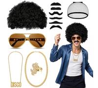 Oerphh Set di 12 costumi da discoteca hippie per uomo e donna, parrucca afro stravagante, accessori hippie, collana da discoteca, occhiali da sole, baffi per feste a tema discoteca anni '60, '70 e '80