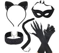 Oerphh Set di 6 costumi da gatto nero, con paillettes, orecchie da gatto nere, coda di gatto, maschera in maschera, guanti da artiglio, girocollo, accessori per costume da catwoman, per Halloween,