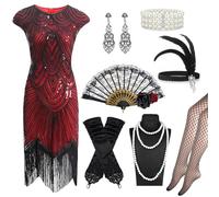 Oerphh Set di accessori anni '20 Flapper Great Gatsby, Claret ruggenti anni '20, con vestito con paillettes e frange, fascia per capelli, guanti, collana, accessorio portatile per donne e donne
