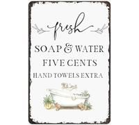 OFCFGF Targa in latta con scritta "Fresh Soap Water Five Cents Hand Towel Extra Sign Vintage Bathroom Signs for Cafes Bar Funny Laundry Citazione Wall Decor Retro Poster 20,3 x 30,5 cm