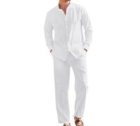 ofeirhz Tuta da uomo in cotone e lino, con bottoni e risvolto, top e pantaloni, alla moda, casual, leggera, traspirante, estiva, 2 pezzi, abbigliamento da vacanza, abbigliamento per uso quotidiano ed