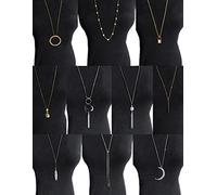 Ofeiyaa 10Pcs Collana Lunga Ciondolo Semplice Luna Bar Tre Triangoli Nappa Blocco Maglione Y Forma Punk Catena Girocollo Collana per Donne Uomini Placcato Oro Argento, Adjustable, 70cm (27.55 inches