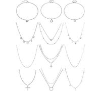 Ofeiyaa 12 collane con perline dorate a moneta, luna, stella, perla con ciondolo, girocollo, collana multistrato in pelle, set di corde per donne e uomini, regolabile tono oro, Lega di acciaio