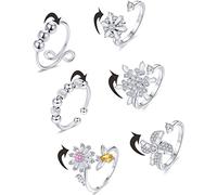 Ofeiyaa 6 anelli per alleviare l'ansia con perline in zirconia cubica, stella, girasole, fiocco di neve, fidget Relief spinner anelli aperti regolabili set per donne e uomini anelli impilabili per