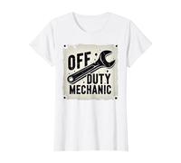 off Duty Meccanico Vintage Chiave Cartello Garage Decor Maglietta, Donna, Bianco, 3XL