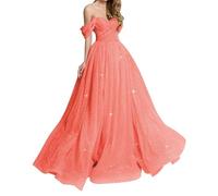 Off spalla Prom Dresses Abito lungo di sfera Glitter Tulle A-Line Abito da sera formale YIAX186, Corallo, 34