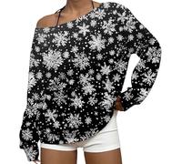 Off The Shoulder Jumpers For Women Funny Christmas Snowflake Sweatshirt Oversize Christmas Theme Jumpers Long Sleeve Xmas Top Holiday Pullover Shirts Cute Xmas Clothing, bianco, XXL