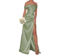 Off The Spalla Abiti da Damigella D'Onore con Split Satin Abiti Da Cocktail Pieghe Abiti Da Promenade Plus Size, Salvia, 54 Più