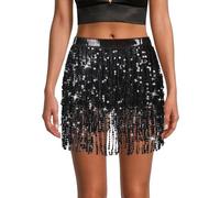 OFFCUP Falda de Danza del Vientre para Mujer, Falda Flecos Mujer Falda Carnaval, Falda con Borlas de Lentejuelas para, Vestido con Falda de Flecos Rave (Nero)