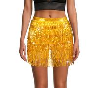 OFFCUP Falda de Danza del Vientre para Mujer, Falda Flecos Mujer Falda Carnaval, Falda con Borlas de Lentejuelas para, Vestido con Falda de Flecos Rave (Oro)