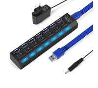 OFFCUP Hub USB Alimentato 7 Porte (1 USB 3.0 6USB 2.0) Con Interruttori Individuali e Spie LED Ciabatta Multi Presa USB, Sdoppiatore USB, Plug & Play, per PC Laptop Stampante MacBook Mouse e Altro