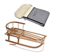 Offerta combinata, slitta in legno con schienale e corda di trazione + sacco nanna invernale universale (90 cm), adatta anche per ovetto, passeggino, lana d'agnello tinta unita (grigio chiaro +