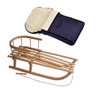 Offerta combinata, slitta in legno con schienale e corda di trazione + sacco nanna invernale universale (90 cm), adatta anche per ovetto, passeggino, lana d'agnello tinta unita (blu marino + slitta)