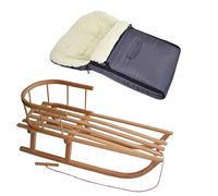 Offerta combinata, slitta in legno con schienale e corda di trazione + sacco nanna invernale universale (90 cm), adatta anche per ovetto, passeggino, lana d'agnello tinta unita (grigio scuro + slitta)