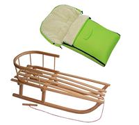 Offerta combinata, slitta in legno con schienale e corda di trazione + sacco nanna invernale universale (90 cm), adatta anche per ovetto, passeggino, lana d'agnello tinta unita (verde + slitta)