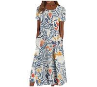 Offerta Lampo del Giorno Vestito Elegante Donna Casual Indiana Fashion Dresses for Women Hawaiano Abito Pois con Scollo Rotondo Schiena con Cerniera Invisibile Vestiti Lunghi Eleganti Azzurro L