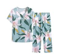 Offerte della Settimana Tuta Estiva Donna Completa Elegante Cotone e Lino Taglie Forti Leggera Mezza età Allentato Cardigan Due Pezzi Elegante Manica Corta Camicia + Pantaloni Set Pigiama da Casa