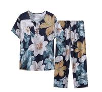 Offerte della Settimana Tuta Estiva Donna Completa Elegante Cotone e Lino Taglie Forti Leggera Mezza età Allentato Cardigan Due Pezzi Elegante Manica Corta Camicia + Pantaloni Set Pigiama da Casa