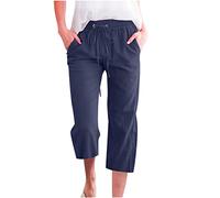 Offerte Estivi Pantaloni Lino Donna 7/8 Pinocchietti Cotone e Lino Leggeri Larghi Comodi Pant Gamba Dritta Spiaggia Svago Pantalone con Tasche Coulisse Elastico in Vita Pants Traspirante Palazzo
