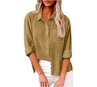 Offerte Lampo del Giorno Top a Maniche Lunghe da Donna in Cotone e Lino con Bottoni Camicia con Colletto Camicia Ampia Camicetta da Lavoro Top Tinta Unita Estate Spiaggia Top Camicie Casual Eleganti