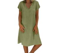 Offerte Lampo del Giorno Vestito Donna in Lino di Cotone Manica Corta Vestiti Estivi Scollo a V Casual Abito da Donna al Ginocchio Mini Vestito Bohémien Elegante Dress Chic Abiti per Interni Spiaggia