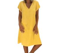 Offerte Lampo del Giorno Vestito Donna in Lino di Cotone Manica Corta Vestiti Estivi Scollo a V Casual Abito da Donna al Ginocchio Mini Vestito Bohémien Elegante Dress Chic Abiti per Interni Spiaggia