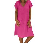 Offerte Lampo del Giorno Vestito Donna in Lino di Cotone Manica Corta Vestiti Estivi Scollo a V Casual Abito da Donna al Ginocchio Mini Vestito Bohémien Elegante Dress Chic Abiti per Interni Spiaggia