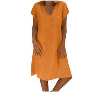 Offerte Lampo del Giorno Vestito Donna in Lino di Cotone Manica Corta Vestiti Estivi Scollo a V Casual Abito da Donna al Ginocchio Mini Vestito Bohémien Elegante Dress Chic Abiti per Interni Spiaggia