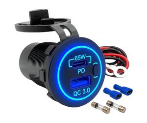 Offgridtec Adattatore di ricarica da auto, doppia presa USB 12 V/24 V con connettore USB-C da 65 W e USB A da 18 W, interruttore on/off, copertura protettiva PA66 e alloggiamento in rame, IP66