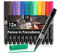 OfficeTree 12 x Pennarelli Ceramica Resistenti Lavastoviglie - 12 Colori - Punta a Pennello - Pennarelli per Ceramica con Cottura - Pennarelli Indelebili per Vetro - Pennarello per Ceramica