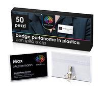 OfficeTree 50 x Badge Portanome con Clip e Spilla Integrate - 50 x Biglietti da Stampare - Porta Badge Clip - Porta Cartellino Identificativo - Badge Portanome - Cartellino Porta Badge Trasparente