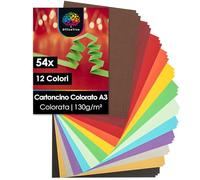 OfficeTree 54 fogli di carta colorata A3, 12 colori, con 2 fogli dorati e 2 argentati, carta colorata per bricolage da 130 g/m², cartoncino colorato per il fai da te e la creazione