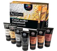 OfficeTree Set vernici acriliche metallizzate 7x 100 ml - vernici acriliche metallizzate a base d'acqua - acrilici metallizzati per pittura acrilica - ideali da miscelare