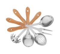 OFFIGAM 5 Pezzi Utensili con in Bamboo Ergonomico Cucchiai e Forchette in Acciaio Resistenti Strumenti da Portata per Insalata Zuppa e Pasta Manici Antiscottatura e Design Sostenibile
