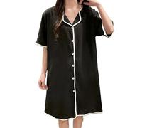 OFFSUM Camicia da Notte Donna - Accappatoio per La Casa Morbido in Raso Monopetto Estivo di Grandi Dimensioni in Raso Stile Coreano Moda Patchwork Tinta Unita Nero 4XL