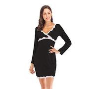 OFFSUM Camicia da Notte Donna - Camicia da Notte con Scollo A V in Pizzo Camicia da Notte Elegante Moda Casual Primavera Estate Camicia da Notte Tinta Unita Abito di Alta qualità Lingerie,Black,M