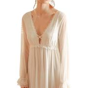 OFFSUM Camicia da Notte Donna - Camicia da Notte in Pizzo con Scollo A V Primavera Autunno Tinta Unita Confortevole Camicia da Notte Abito Elegante Vintage Moda Pigiameria Abbigliamento,White,XL