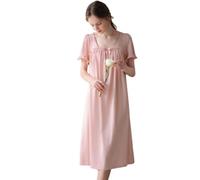 OFFSUM Camicia da Notte Donna - Colletto Quadrato Estivo di Media Lunghezza Elegante Pizzo di Cotone Manica Corta Camicia da Notte Tinta Unita Stile Principessa Pijama Loungewear,Rosa,L