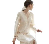 OFFSUM Camicia da Notte Donna - Cotone Dolce Principessa Camicia da Notte in Pizzo Tinta Unita Vintage Elegante Primavera Autunno Scollo A V Taglie Forti Camicia da Notte di Alta qualità,Bianca,M