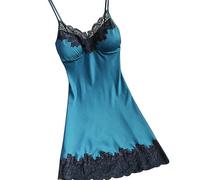 OFFSUM Camicia da Notte Donna - Fashion Plus Size Pizzo Ricamo Patchwork Camicia da Notte Tinta Unita Abito in Raso Senza Schienale al Ginocchio Scollo A V Lingerie,Blu,S